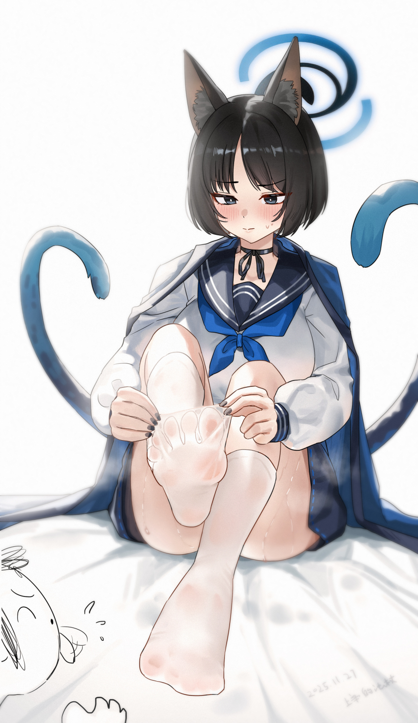 1girl absurdres blue_archive blush breasts commentary_request feet fingernails foot_focus hair_ornament halo highres kikyou_(blue_archive) sensei_(blue_archive) shangdi_de_fa_zhang sweat tail thighhighs