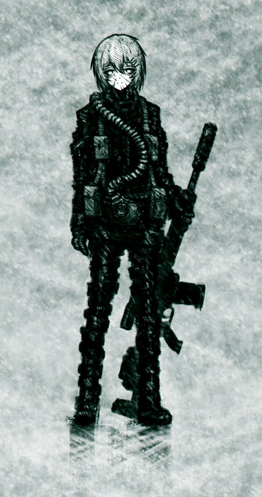 11e10 1girl absurdres ammunition_pouch aqua_theme battle_rifle blizzard boots faux_traditional_media full_body gas_mask gloves gun hair_between_eyes hair_ornament hairclip hashtag-only_commentary highres holding holding_gun holding_weapon ice jacket light_smile looking_at_viewer marie_(peripeteia) mask monochrome outdoors pants peripeteia pouch reflective_floor rifle scar scar_on_face short_hair snow snowing snowstorm solo standing unworn_mask weapon winter winter_clothes