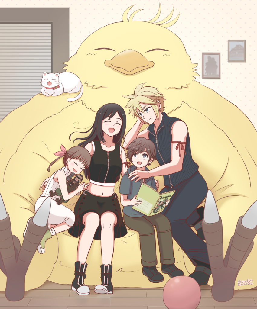 2boys 2girls animal apron arm_ribbon asami_yutori baggy_pants bare_shoulders barret_wallace black_apron black_hair black_pants black_shorts black_vest blonde_hair blue_eyes book braid braided_ponytail brown_hair brown_pants cat character_doll child closed_mouth cloud_strife collarbone commentary_request crop_top denzel_(ff7) doll elbow_rest fat_chocobo final_fantasy final_fantasy_vii final_fantasy_vii_advent_children full_body hair_ribbon highres holding holding_book indoors long_hair looking_at_another marlene_wallace maru_(ff7) midriff multiple_boys multiple_girls navel open_book open_mouth pants picture_frame pink_ribbon red_ribbon ribbon shirt short_hair short_sleeves shorts sitting sleeveless sleeveless_shirt sleeveless_turtleneck smile spiked_hair sweater tifa_lockhart turtleneck turtleneck_sweater vest waist_apron white_cat