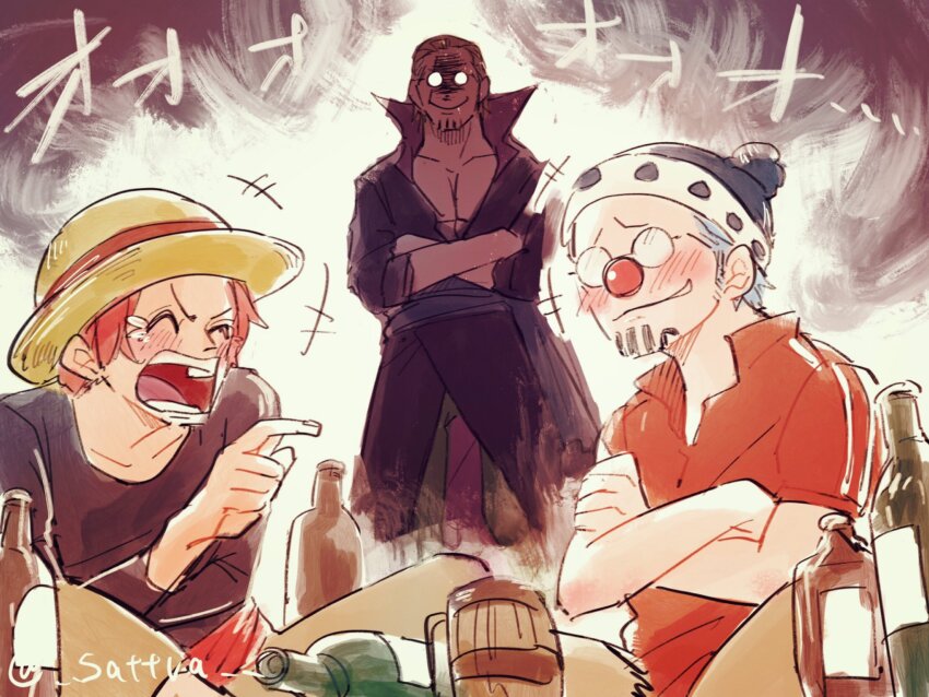 +++ 3boys abunaideka aged_down beer_mug blue_hair blush bottle buggy_the_clown closed_eyes coat commentary_request crossed_arms cup facial_hair glasses goatee hat highres male_focus menacing mug multiple_boys one_piece open_mouth red_hair red_nose sash shanks_(one_piece) silvers_rayleigh sitting straw_hat twitter_username wine_bottle