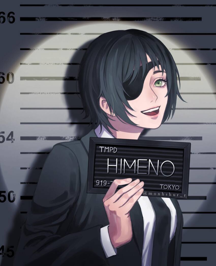 1girl barbie_(franchise) barbie_(live_action) barbie_mugshot_(meme) black_hair black_necktie black_suit breasts chainsaw_man commentary_request eyepatch formal_clothes green_eyes height_chart height_mark highres himeno_(chainsaw_man) holding holding_sign instagram_username large_breasts meme mongolian_commentary monhshur_r mugshot nameplate necktie open_mouth parody shirt short_hair sign smile solo suit upper_body white_shirt