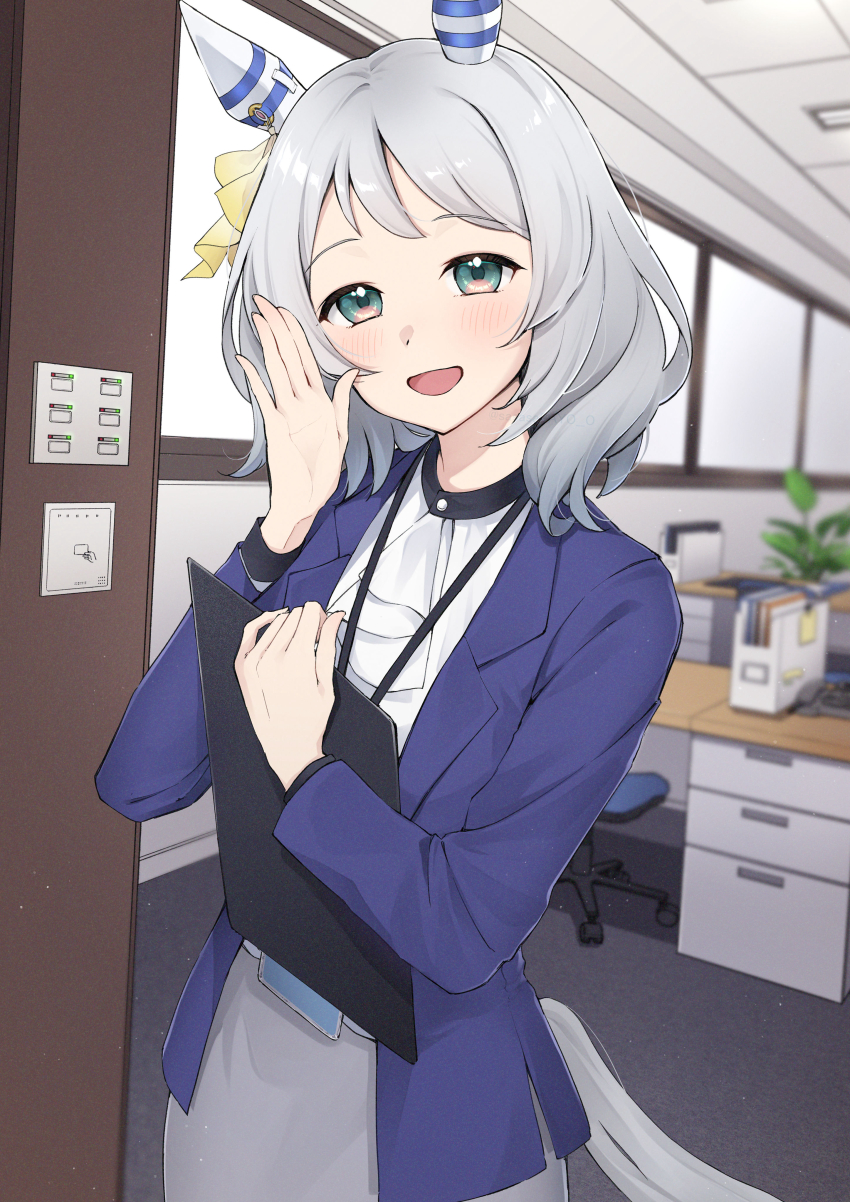 1girl absurdres alternate_costume animal_ears ascot blue_jacket commentary_request green_eyes grey_hair grey_skirt hand_up highres hishi_miracle_(umamusume) horse_ears horse_girl horse_tail indoors jacket lanyard long_sleeves looking_at_viewer medium_hair office office_lady open_clothes open_jacket open_mouth sayosayo-0 shirt skirt solo tail umamusume white_ascot white_shirt