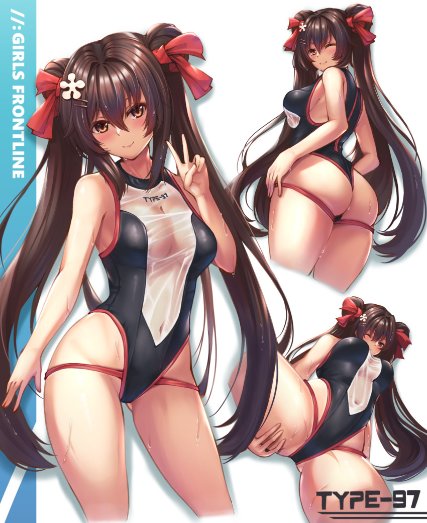 1girl ass breasts brown_hair competition_swimsuit covered_navel girls&#039;_frontline girls&#039;_frontline_neural_cloud hair_between_eyes hair_ornament hairclip highleg highleg_one-piece_swimsuit highres jiangyu_(neural_cloud) long_hair medium_breasts multiple_views one-piece_swimsuit red_eyes see-through_clothes see-through_swimsuit smile swimsuit twintails type_97_(girls&#039;_frontline) v very_long_hair xlscaler
