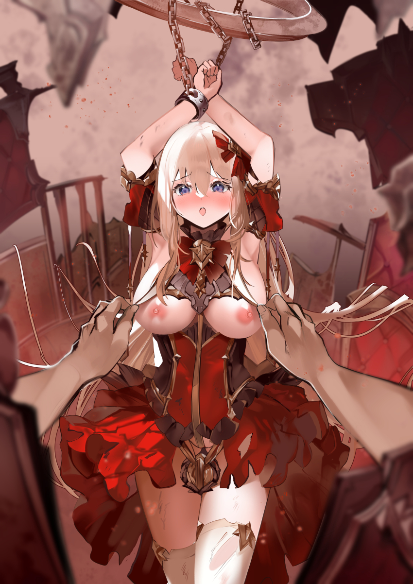 1girl absurdres ann_(ann58533111) assisted_exposure azur_lane blonde_hair blue_eyes blush bound bound_wrists breast_curtains breasts chain cuffs dress fortune_(azur_lane) fortune_(meta)_(azur_lane) highres large_breasts long_hair nipples open_mouth pov red_dress shackles solo_focus thighhighs white_thighhighs