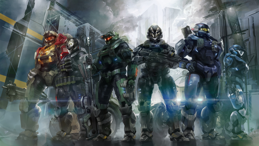 1girl 5boys armor assault_rifle building carter-a259 catherine-b320 cityscape emile-a239 gear_(zcjx999) gun halo:_reach halo_(game) halo_(series) helmet highres jorge-052 jun-a266 lens_flare mechanical_arms multiple_boys power_armor power_suit rifle single_mechanical_arm smoke sniper_rifle spartan-b312 weapon