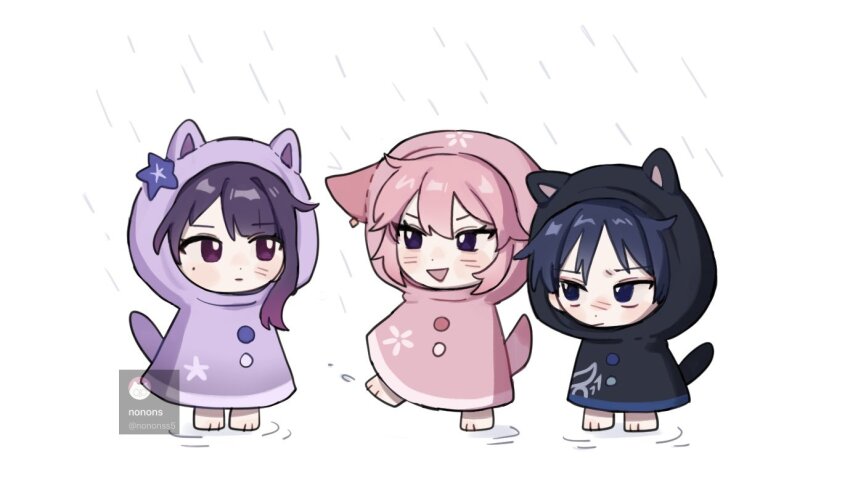 1boy 2girls alternate_costume animal_ear_hood animal_ears artist_logo barefoot black_cloak black_eyes black_hair black_hood blunt_bangs blush cat_ears cat_tail chibi cloak closed_mouth colored_tips eyelashes fake_animal_ears flower flower_ornament foot_up fox_ears fox_tail full_body genshin_impact gradient_hair hood hood_up hooded_coat logo long_sidelocks looking_at_another mole mole_under_eye mother_and_son multicolored_hair multiple_girls nonons official_alternate_costume open_mouth parted_bangs pink_cloak pink_hair pink_hood purple_cloak purple_eyes purple_flower purple_hood raiden_shogun rain ripples scaramouche_(genshin_impact) sidelocks single_sidelock tail twitter_username wanderer_(genshin_impact) watermark wispy_bangs yae_miko