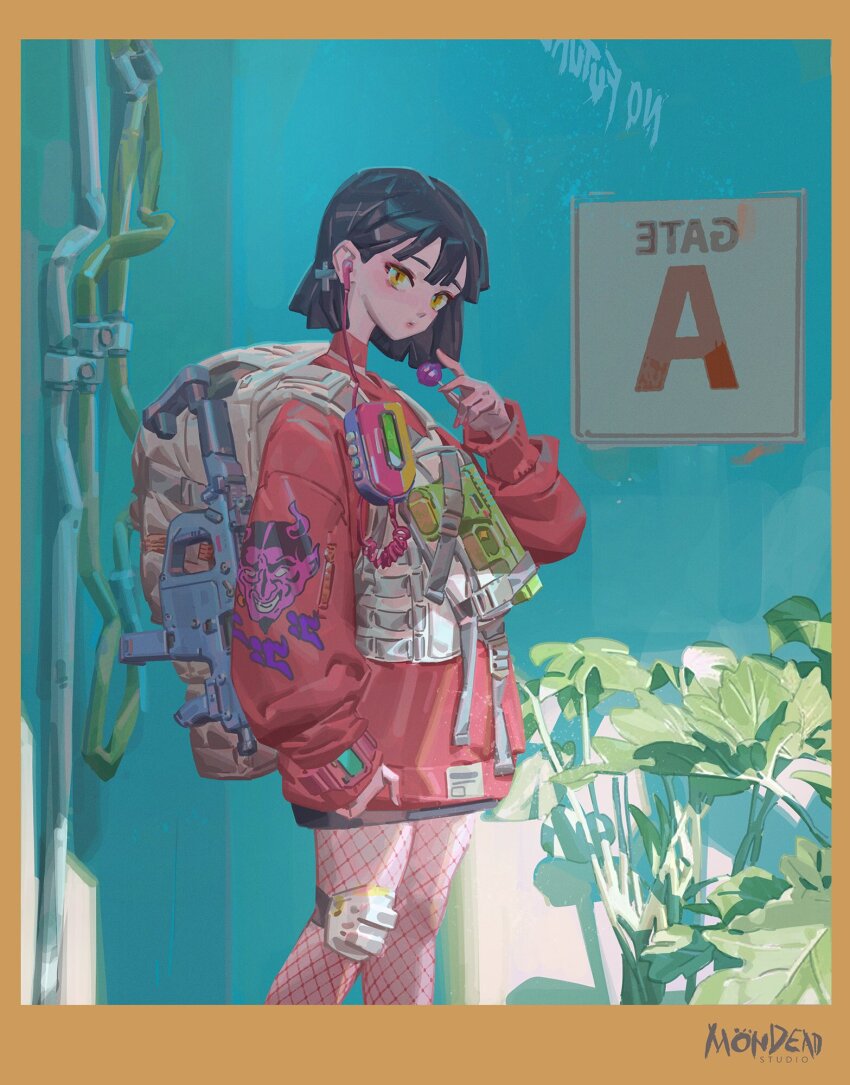 1girl backpack bag black_hair bob_cut bulletproof_vest candy fishnet_thighhighs fishnets food glock gun handgun highres holding holding_candy holding_food holding_lollipop hood hoodie kriss_vector lollipop looking_at_viewer medium_hair original pink_hoodie solo submachine_gun sunman41456659 thighhighs weapon weapon_on_back yellow_eyes