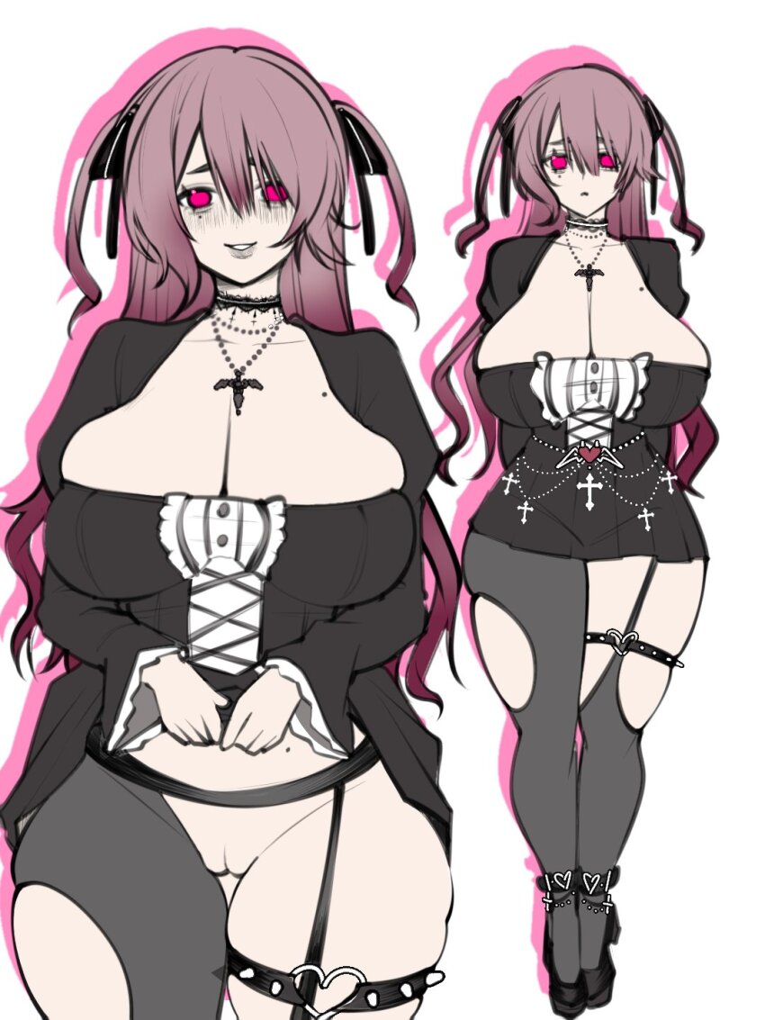 1girl black_bow black_choker black_dress blush bow breasts brown_hair choker cleavage closed_mouth colored_shadow cowboy_shot cross dress full_body goth_fashion grey_pantyhose hair_bow highres huge_breasts jiang_ethan lace lace_choker long_hair looking_at_viewer mole mole_on_breast mole_on_stomach mole_under_eye multiple_views nose_blush original pantyhose pink_eyes pussy shadow short_dress simple_background smile spiked_thigh_strap torn_clothes torn_pantyhose two_side_up uncensored wavy_hair white_background