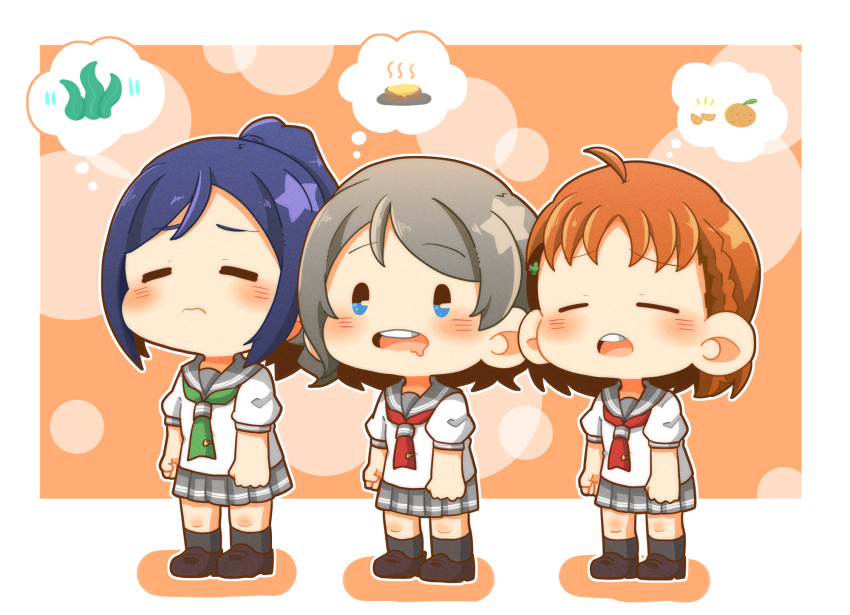 3: 3girls aqua_neckerchief black_socks blue_eyes blue_hair blush border brown_footwear closed_eyes closed_mouth dark_blue_hair drooling food frown fruit gentaro_(g_teall) grey_hair grey_sailor_collar grey_skirt hamburger_steak high_ponytail highres hungry loafers love_live! love_live!_sunshine!! mandarin_orange mandarin_orange_slice matsuura_kanan miniskirt mouth_drool multiple_girls neckerchief open_mouth orange_background orange_hair outline outside_border pleated_skirt ponytail puffy_short_sleeves puffy_sleeves red_neckerchief sailor_collar school_uniform seaweed serafuku shirt shoes short_hair short_sleeves skirt socks speech_bubble spoken_food standing summer_uniform takami_chika thought_bubble tie_clip uranohoshi_school_uniform watanabe_you white_border white_outline white_shirt