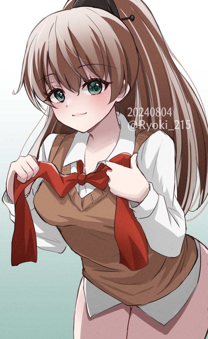 1girl bow bowtie brown_cardigan cardigan cowboy_shot dressing gradient_background green_background green_eyes highres kantai_collection kumano_(kancolle) kumano_kai_ni_(kancolle) looking_at_viewer ponytail red_bow red_bowtie ryouki_(ryoki_215) school_uniform smile twitter_username