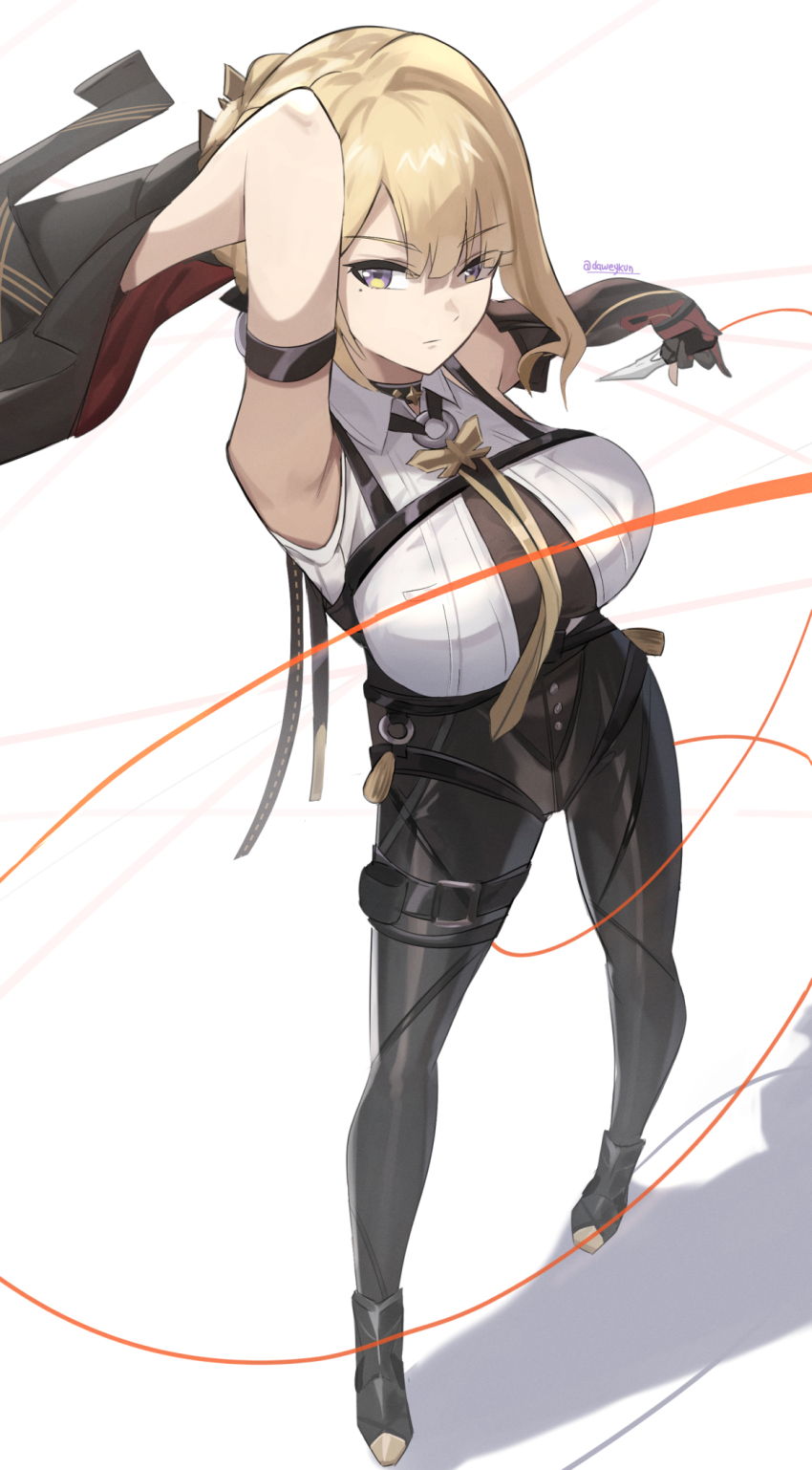 1girl arm_strap arm_up black_gloves black_jacket black_pants blonde_hair breasts closed_mouth collared_shirt commentary daweykun evelyn_chevalier full_body gloves highres holding holding_knife holding_unworn_clothes jacket knife large_breasts looking_at_viewer mole mole_under_eye necktie pants purple_eyes shadow shirt simple_background solo standing tight_clothes tight_pants unworn_jacket white_background white_shirt yellow_necktie zenless_zone_zero