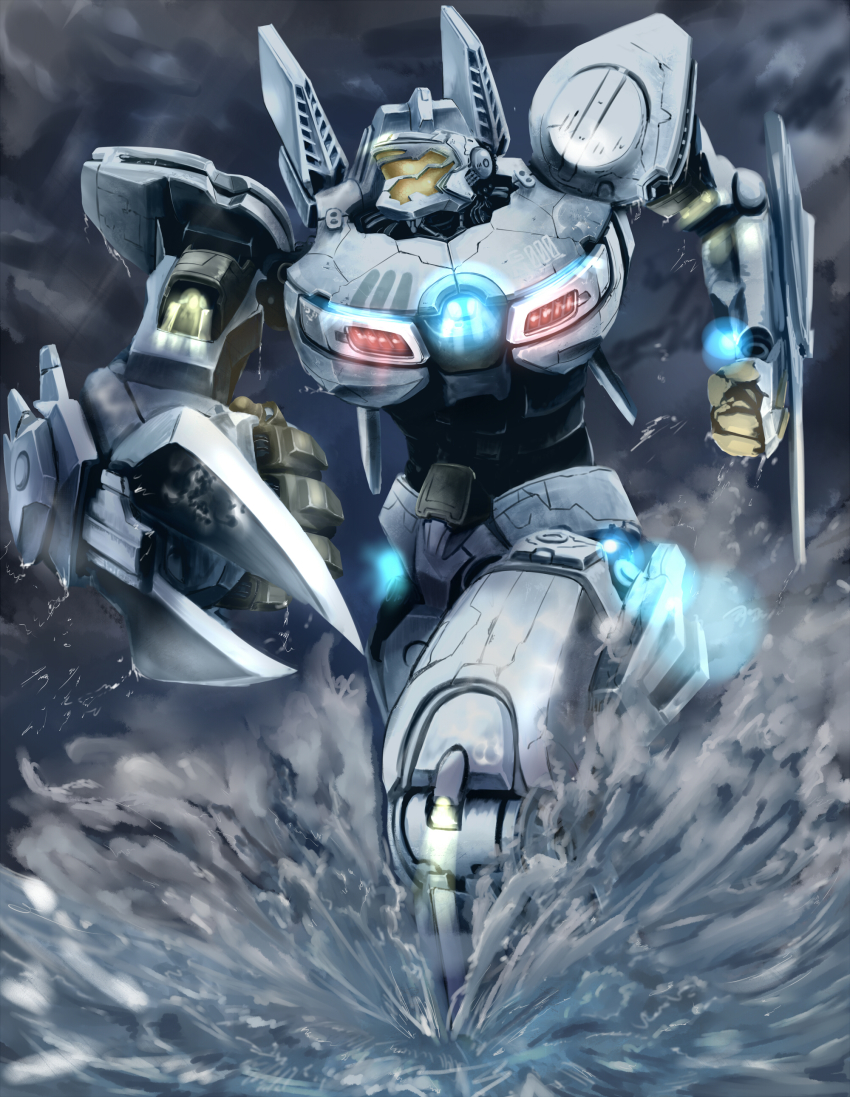 4.211_brass_knuckles absurdres assault_mount_3.25_sting-blades brass_knuckles cloud cloudy_sky giant_robot highres jaeger_(pacific_rim) legendary_pictures mecha night ocean pacific_rim pan_pacific_defense_corps rain remu_(kirieroido) robot sky splashing storm striker_eureka waves weapon wrist_blades