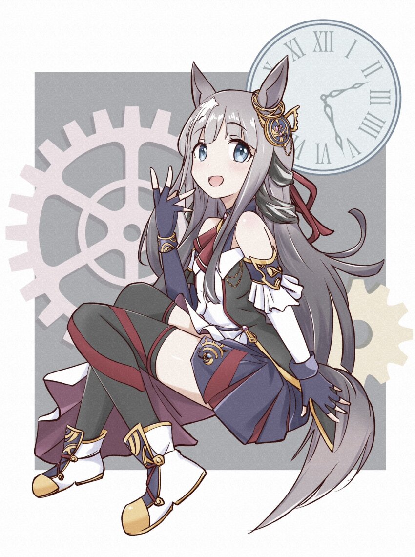 1girl animal_ears blue_eyes blush breasts chrono_genesis_(umamusume) clock commentary_request detached_sleeves fingerless_gloves full_body funamori gears gloves grey_hair hair_between_eyes hair_ornament hairclip highres horse_ears horse_girl horse_tail long_hair looking_at_viewer shoes simple_background small_breasts tail thighhighs umamusume