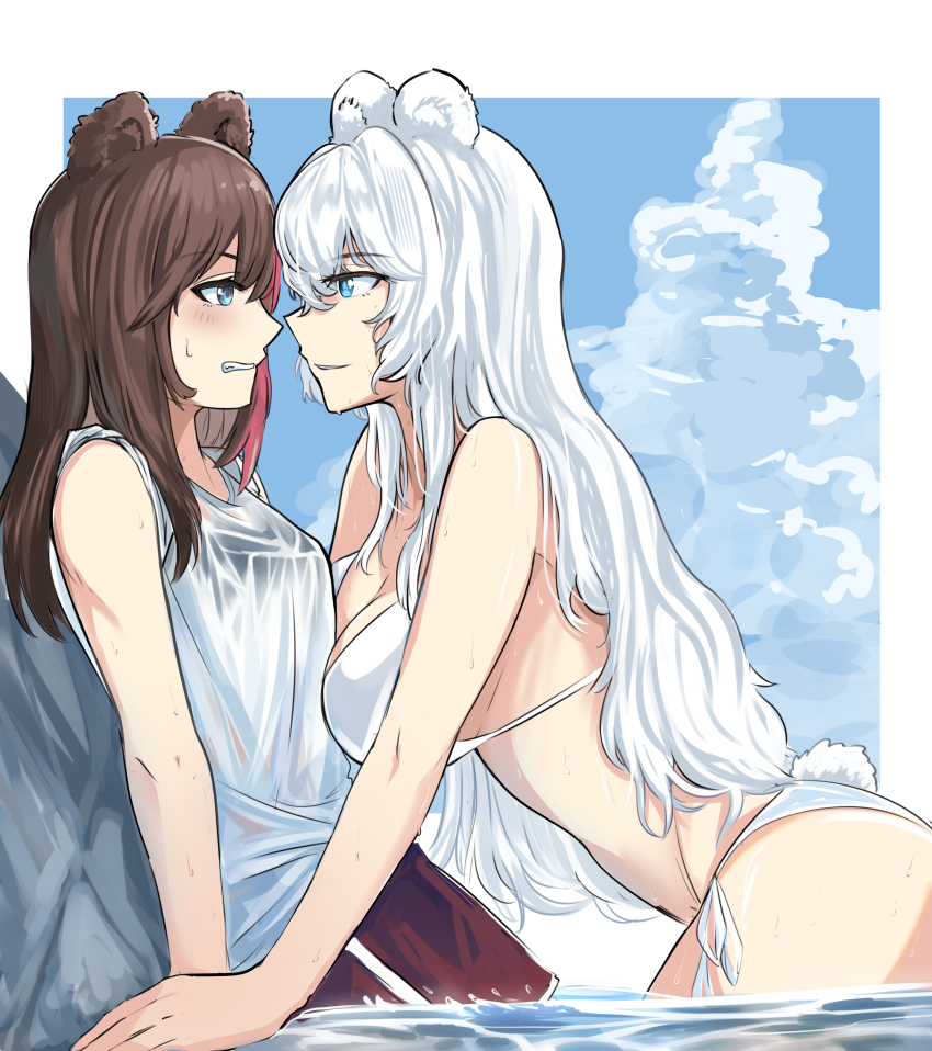 2girls absurdres animal_ears arknights beach bikini blue_eyes blush border breasts brown_hair cowboy_shot day defrikh_(de_friday) embarrassed eye_contact face-to-face from_side highres large_breasts long_hair looking_at_another multicolored_hair multiple_girls outdoors outside_border profile red_hair rosa_(arknights) shirt sleeveless sleeveless_shirt standing streaked_hair swimsuit tail wading water wet wet_clothes wet_shirt white_bikini white_border white_hair white_shirt white_tail yuri zima_(arknights)