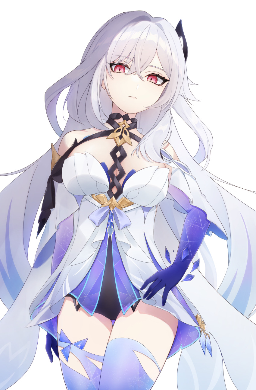 1girl :| absurdres bare_shoulders blue_gloves blue_thighhighs breasts closed_mouth commentary dress elbow_gloves genshin_impact gloves hair_between_eyes hand_on_own_hip highres iroha_(mimi0618xx) long_hair looking_at_viewer medium_breasts red_eyes simple_background skirk_(genshin_impact) solo thighhighs very_long_hair white_background white_dress white_hair