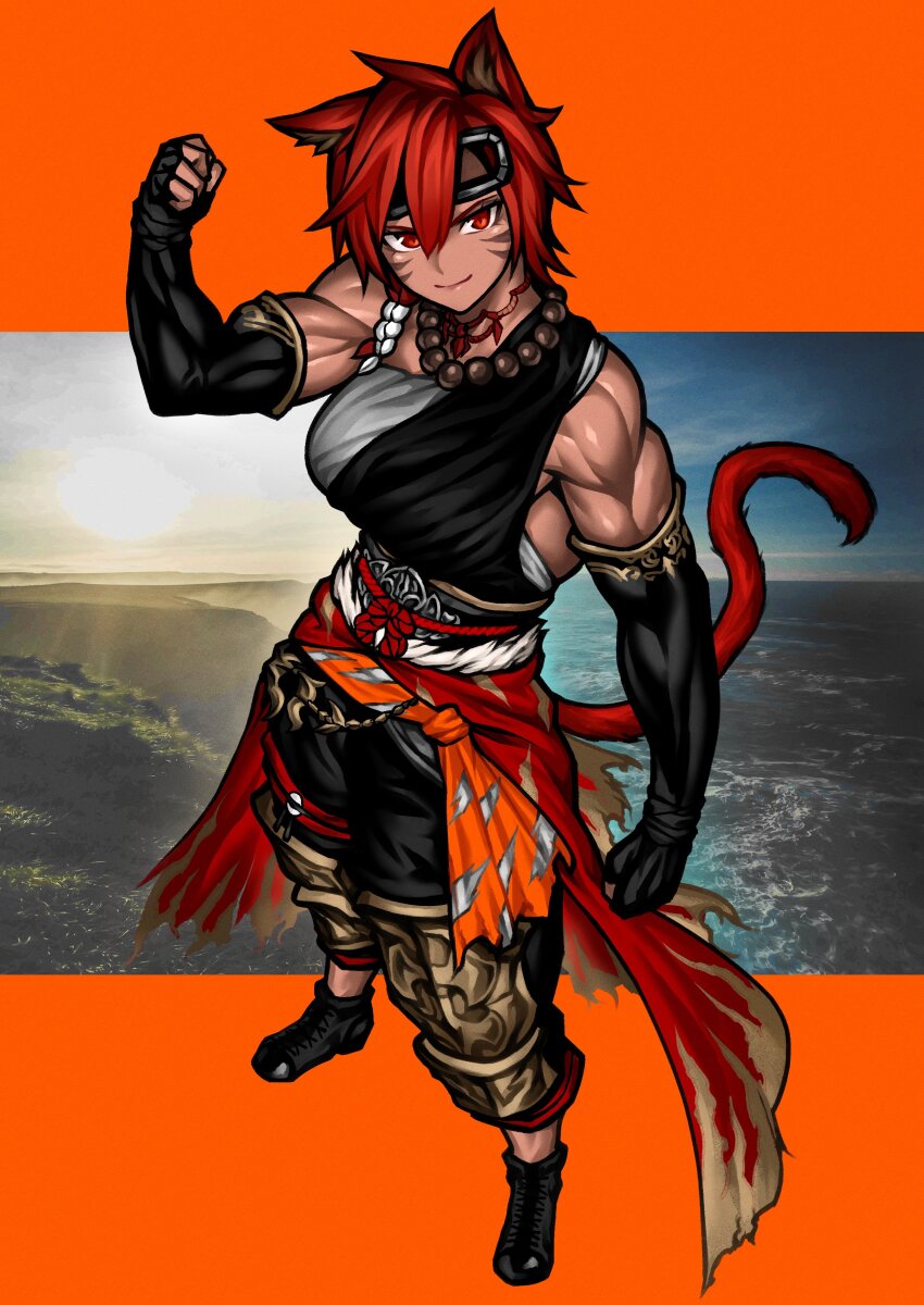 absurdres animal_ears bead_necklace beads boots cat_ears cat_girl cat_tail clenched_hands elbow_gloves facial_mark gloves highres jewelry looking_at_viewer monk muscular muscular_female necklace original photo_background red_eyes red_hair short_hair skirt smile tail whisker_markings yotaro