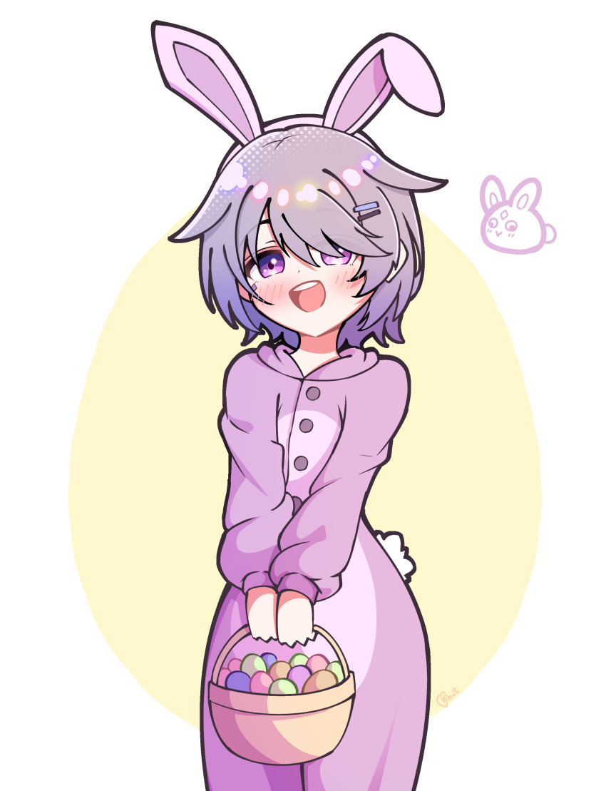 1girl :d absurdres alternate_costume animal_costume animal_ears basket easter_egg egg fake_animal_ears highres holding holding_basket hololive hololive_english jewel_under_eye koseki_bijou open_mouth pebble_(koseki_bijou) purple_eyes rabbit_costume rabbit_ears rabbit_tail shutowl smile solo tail teeth upper_teeth_only virtual_youtuber