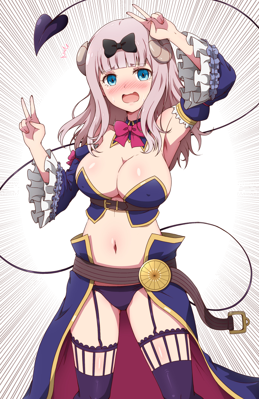 1girl ^^^ absurdres arm_up armpits belt bikini black_bow blue_bikini blue_eyes blue_sleeves blue_thighhighs blunt_bangs blush bow bowtie breasts brown_belt cleavage commentary_request cosplay covered_erect_nipples cowboy_shot crisis_management_form_(machikado_mazoku) curled_horns demon_girl demon_horns demon_tail detached_collar detached_sleeves double_v eggman_(ni_tamagoex) embarrassed emphasis_lines frilled_sleeves frills fujiwara_chika garter_straps hair_bow hand_up highres horns kaguya-sama_wa_kokurasetai_~tensai-tachi_no_renai_zunousen~ kohara_konomi large_breasts long_hair looking_at_viewer machikado_mazoku navel open_mouth pink_hair red_bow red_bowtie revealing_clothes smile solo stomach strapless strapless_bikini swimsuit tail thighhighs v v_over_head voice_actor_connection waist_cape wide_sleeves yoshida_yuuko_(machikado_mazoku) yoshida_yuuko_(machikado_mazoku)_(cosplay)