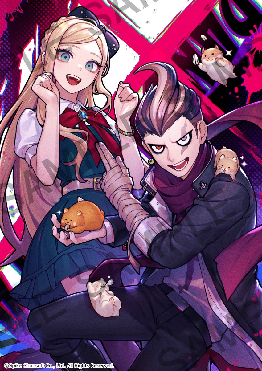 1boy 1girl :d animal belt black_belt black_bow black_footwear black_hair black_jacket black_pants blonde_hair boots bow bowtie bracelet braid cham-p collared_shirt danganronpa_(series) danganronpa_2:_goodbye_despair dress gem green_dress grey_belt grey_eyes grey_hair hair_bow hamster hands_up happy heterochromia highres jacket jewelry jum-p knee_boots loalo long_hair maga-g multicolored_hair open_clothes open_jacket open_mouth pants print_shirt red_bow red_bowtie red_eyes red_scarf scarf shirt short_hair smile sonia_nevermind sun-d tanaka_gundham teeth two-tone_hair upper_teeth_only white_shirt