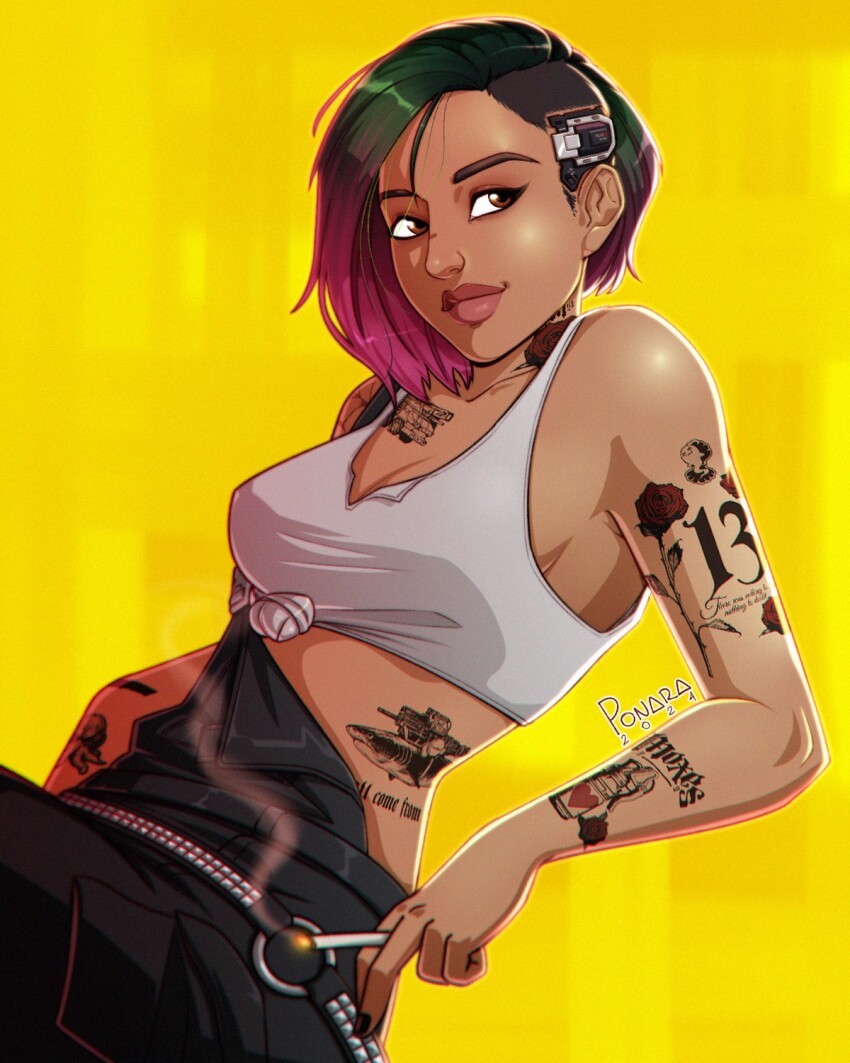 1girl arm_tattoo black_overalls brown_eyes chest_tattoo cigarette cyberpunk_(series) cyberpunk_2077 cyborg dark-skinned_female dark_skin gradient_hair green_hair highres hip_tattoo holding holding_cigarette judy_alvarez mechanical_head midriff multicolored_hair neck_tattoo overalls pink_lips ponara purple_hair shaved_head shirt sideways_glance simple_background sitting sleeveless sleeveless_shirt smoke smoke_trail smoking solo tattoo tied_shirt underwear white_shirt yellow_background