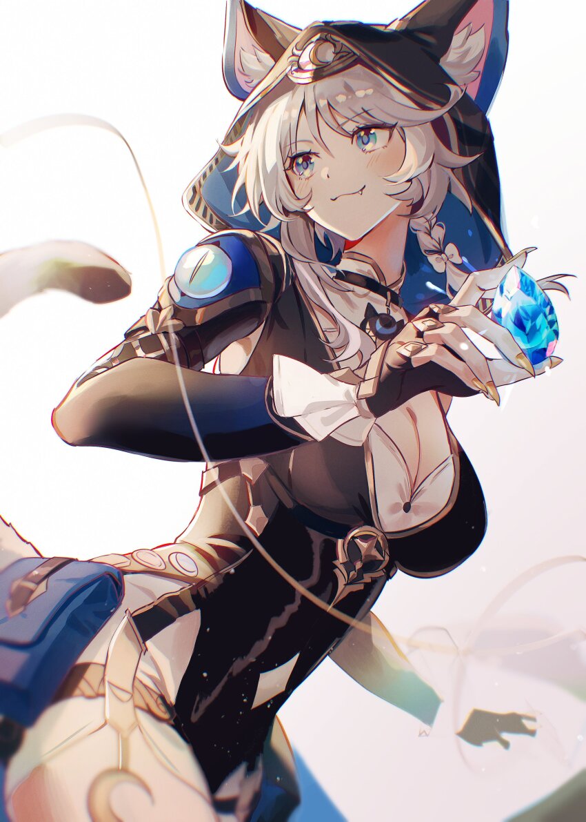 1girl :3 absurdres animal_ear_fluff animal_ears blue_eyes bow braid breasts cat_ears cat_tail cipher_(honkai:_star_rail) cleavage fang fang_out gem grey_hair hair_bow highres holding holding_gem honkai:_star_rail honkai_(series) hood large_breasts long_sleeves nail_polish shipduck13 single_braid smile solo tail white_background white_bow yellow_nails