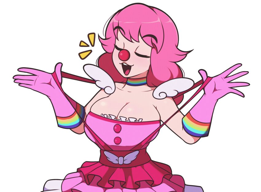 1girl absurdres ace_attorney breasts capcom choker closed_eyes clown_girl clown_nose female_focus frilled_skirt frills geiru_toneido gloves highres jeff_miga large_breasts medium_hair pauldrons phoenix_wright:_ace_attorney_-_spirit_of_justice pink_hair rainbow shoulder_armor skindentation skirt solo suspenders suspenders_pull upper_body