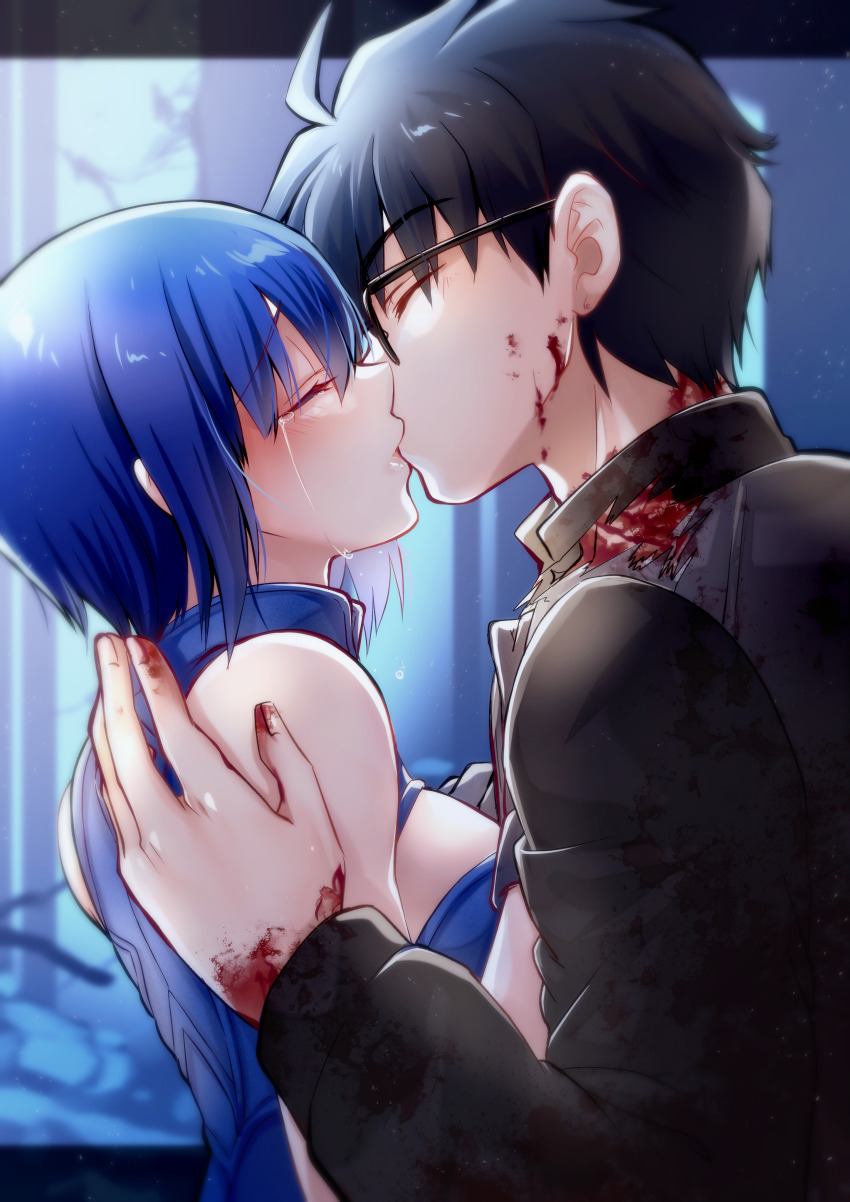 1boy 1girl absurdres ahoge bare_shoulders black-framed_eyewear black_gloves black_hair blood blood_on_clothes blood_on_face blue_bodysuit blue_hair blush bodysuit breasts ciel_(tsukihime) cleavage_cutout closed_eyes clothing_cutout commentary_request commission crying fingernails from_side glasses gloves height_difference hetero highres injury jacket kiss medium_breasts powered_ciel profile shimotsukishin short_hair skeb_commission sleeveless sleeveless_bodysuit tohno_shiki torn_clothes tsukihime tsukihime_(remake)
