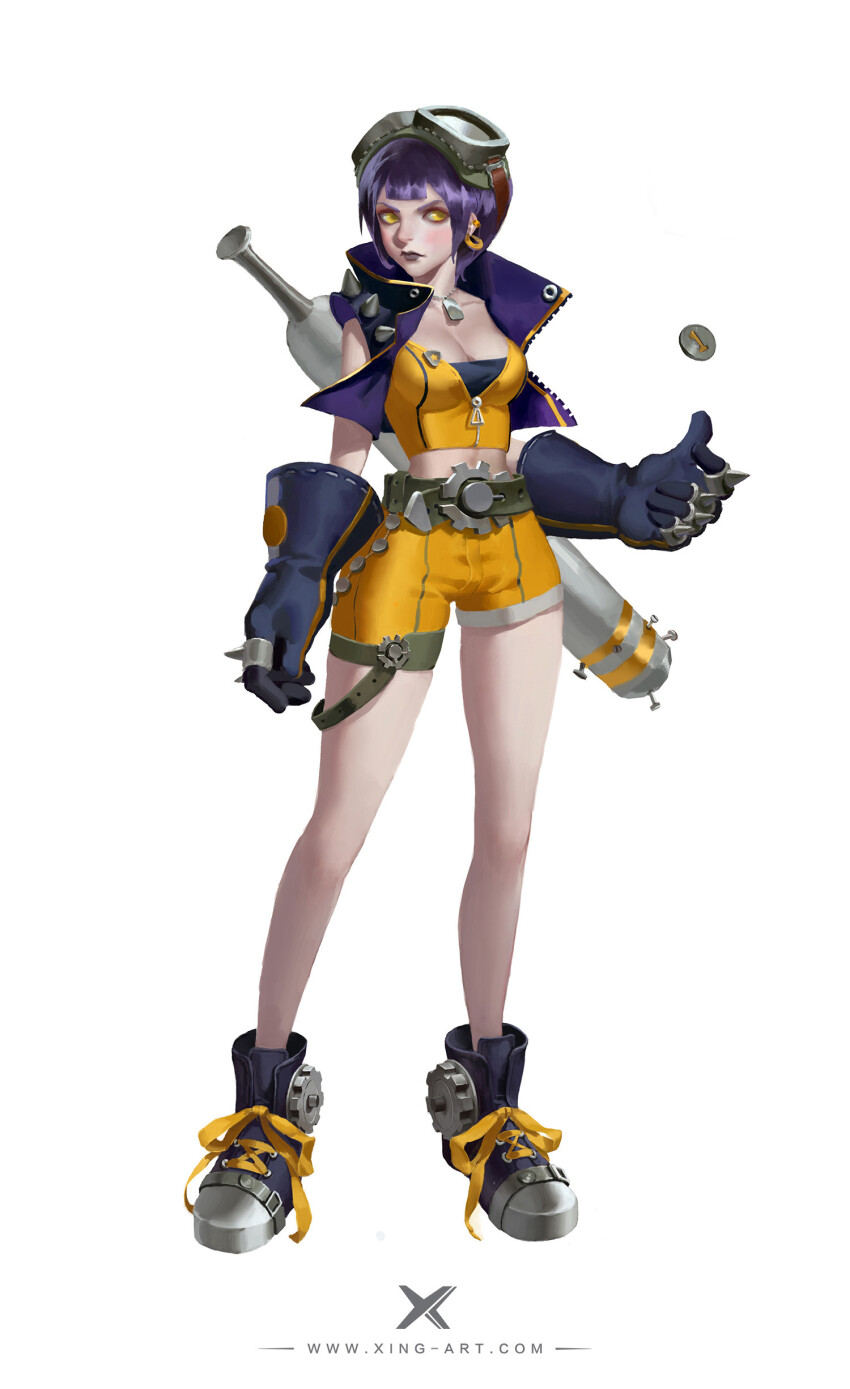 1girl absurdres artist_name asymmetrical_shorts bare_legs bare_shoulders baseball_bat belt belt_buckle black_bra black_lips blue_gloves blunt_bangs bra breasts buckle character_request chinese_commentary closed_mouth coin coin_flip collarbone collared_jacket commentary_request copyright_request crop_top dog_tail ear_piercing earrings expressionless footwear_ribbon full_body gauntlets gears gloves goggles goggles_on_headwear gold_earrings green-framed_eyewear green_belt high_collar highres hoop_earrings jacket jewelry large_breasts light_blush lipstick looking_at_viewer makeup midriff nail_(hardware) nail_bat open_clothes open_jacket partially_unzipped piercing purple_eyes purple_hair purple_shoes ribbon ribbon-trimmed_gloves ribbon_trim shirt shoes short_hair shorts shoulder_spikes simple_background sneakers solo spikes standing starlab striped_clothes striped_shorts tail thick_eyebrows thigh_belt thigh_strap underwear vertical-striped_clothes vertical-striped_shorts watermark weapon weapon_on_back white_background yellow_eyes yellow_ribbon yellow_shirt yellow_shorts zipper zipper_pull_tab