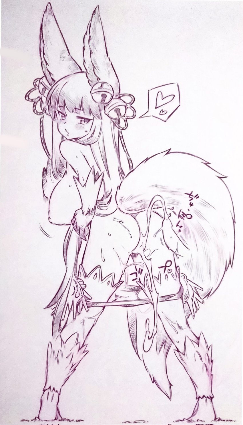 1girl after_vaginal aftersex animal_ears ass bell blunt_bangs breasts commentary_request corrupted_twitter_file cum cum_in_pussy cum_overflow erune from_behind full_body fur granblue_fantasy hair_bell hair_ornament heart highres jingle_bell large_breasts long_hair looking_at_viewer looking_back monochrome nipples panties panty_pull sideboob solo spoken_heart standing swear tail traditional_media tsukareta_san underwear yuel_(granblue_fantasy)