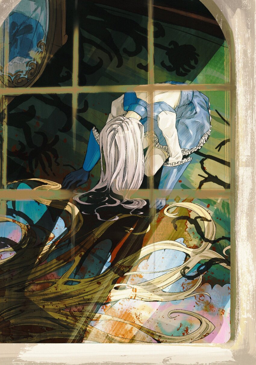 2girls all_fours aurora_(fate) blonde_hair blood blue_dress blue_gloves dress eunchanlily fairy_wings fate/grand_order fate_(series) frills gloves highres long_hair long_sleeves melusine_(fate) melusine_(second_ascension)_(fate) multiple_girls on_ground pool_of_blood thighhighs very_long_hair white_hair window wings