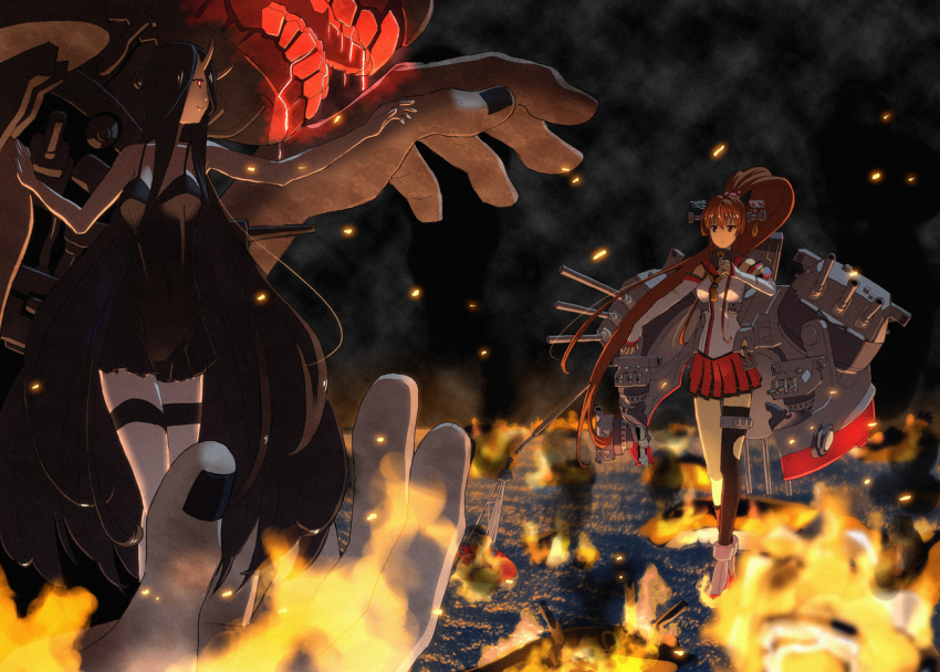 10s 2girls abyssal_ship anchor armband asymmetrical_legwear bad_id bad_pixiv_id bare_shoulders battleship_princess black_dress black_hair brown_hair colored_skin detached_sleeves dress drooling fire fujimo_ruru headgear horns kantai_collection kneehighs long_hair machinery md5_mismatch monster multiple_girls pleated_skirt ponytail red_skirt sailor_collar short_dress single_kneehigh single_sock single_thighhigh skirt socks thighhighs torn_clothes torn_legwear uneven_legwear very_long_hair white_skin yamato_(kancolle)