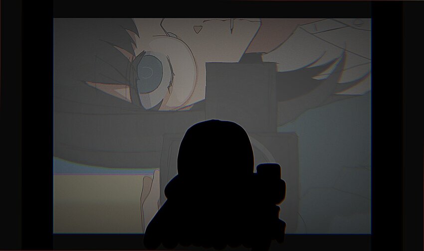 1girl black_hair blood blue_eyes blue_jacket camcorder camera collared_shirt daijoyuu-san_(synthesizer_v) dress_shirt empty_eyes glasses highres holding holding_camera iyowa_girls jacket long_hair nosebleed parted_lips projector_screen round_eyewear shirt silhouette uwagaki_1212 video_camera white_shirt yuu_(iyowa)