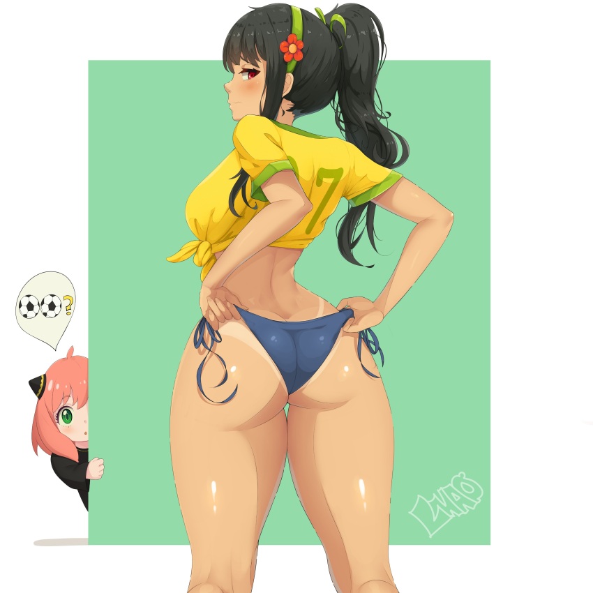 2girls absurdres anya_(spy_x_family) ass back ball bare_legs black_hair blue_shorts blush brazil brazilian_flag brazilian_flag_print brazilian_miku brazilian_miku_(cosplay) breasts cosplay feet flag_print flower from_behind green_eyes guarana_antarctica hair_flower hair_ornament hatsune_miku highres large_breasts legs long_hair looking_at_viewer looking_back multiple_girls pink_hair ponytail red_eyes shirt short_shorts shorts soccer_ball spy_x_family tan tanline tied_shirt two-tone_background vocaloid yellow_shirt yor_briar