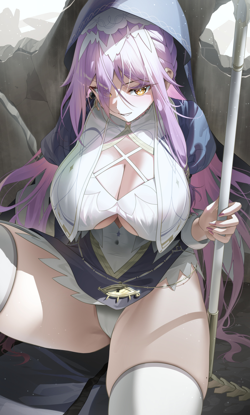 1girl absurdres black_dress black_hat bra breasts cleavage collar counter:side dress hair_over_one_eye hat highres holding holding_staff large_breasts long_hair looking_at_viewer manda_(luts7602) nun panties purple_hair sidelocks smile solo staff thighhighs underwear white_bra white_collar white_panties white_thighhighs yellow_eyes