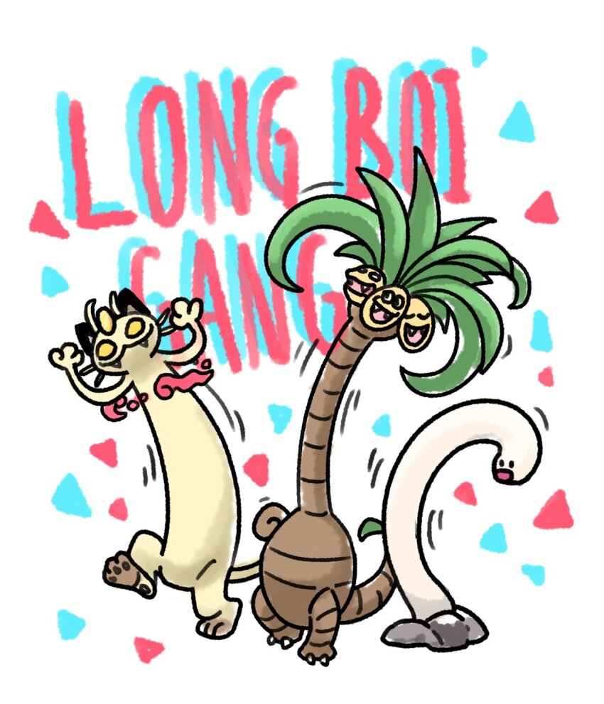 alolan_exeggutor alolan_form arms_up closed_mouth coin commentary elite_trainer_lin english_commentary english_text fangs gen_1_pokemon gen_7_pokemon gigantamax gigantamax_meowth gold highres koban_(gold) long_neck meowth multiple_heads nintendo no_humans open_mouth pokemon pokemon_(creature) pokemon_focus soil tail whiskers white_background wiglett yellow_eyes