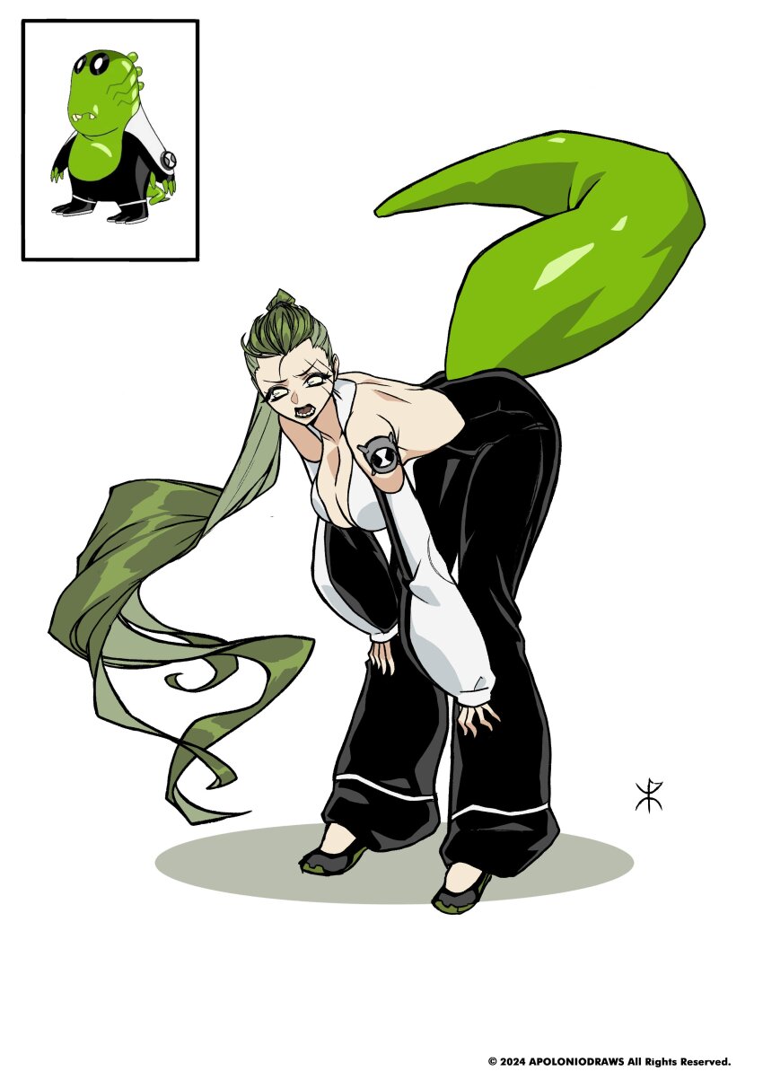 1girl absurdres alien apoloniodraws baggy_pants ben_10 bending black_lips black_pants breasts cleavage genderswap genderswap_(mtf) green_hair green_tail highres long_hair omnitrix pants ponytail scar scar_on_face sharp_teeth teeth upchuck white_eyes