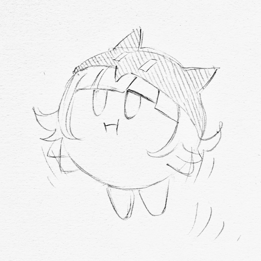 :i animal_ears cat_ears closed_mouth cosplay danganronpa_(series) danganronpa_2:_goodbye_despair fake_animal_ears greyscale highres hood hood_up jampdrooze kirby kirby_(series) medium_hair monochrome nanami_chiaki nanami_chiaki_(cosplay) nintendo no_humans simple_background sketch