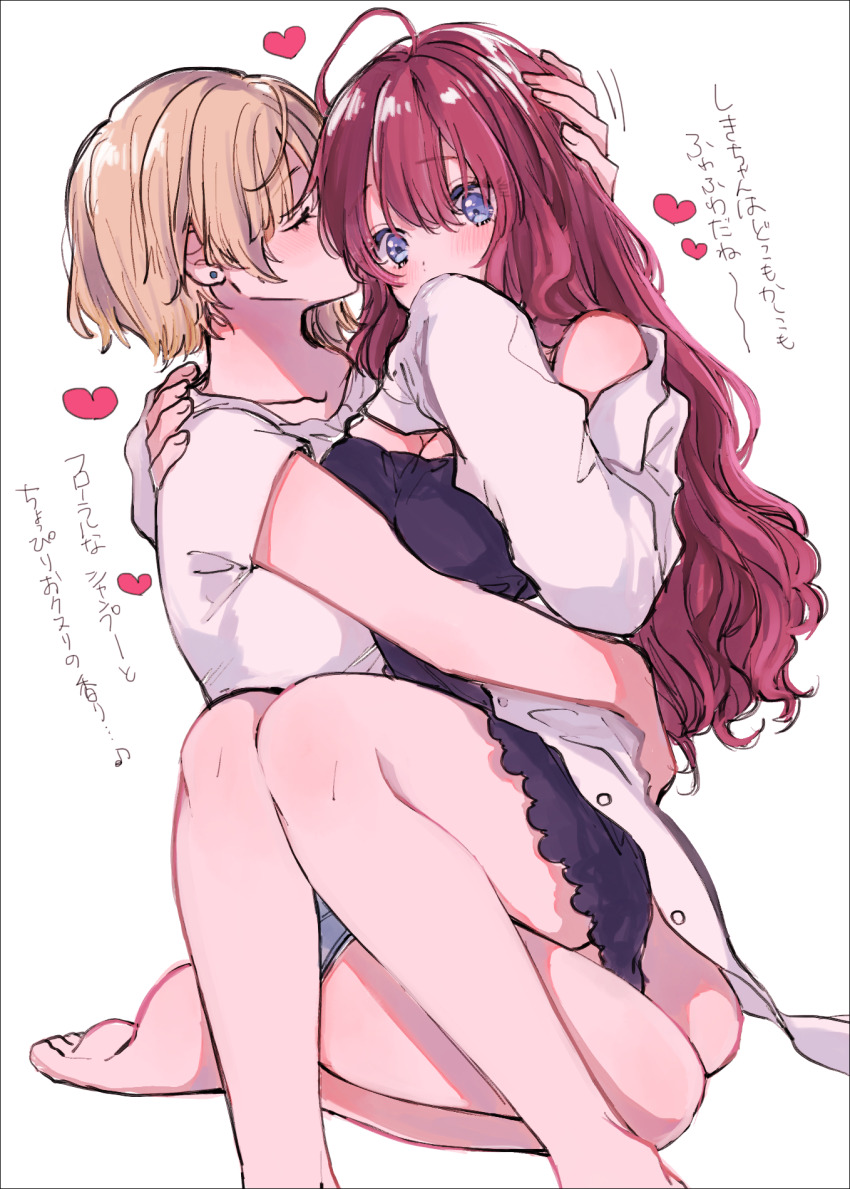 2girls amane_(7783) bare_legs barefoot black_dress blonde_hair blush closed_eyes commentary_request dress earrings hand_on_another&#039;s_head highres ichinose_shiki idolmaster idolmaster_cinderella_girls jewelry kiss kissing_cheek long_hair long_sleeves miyamoto_frederica multiple_girls purple_eyes red_hair shirt short_hair short_sleeves simple_background sitting sitting_on_lap sitting_on_person sleeves_past_fingers sleeves_past_wrists stud_earrings translation_request white_background white_shirt yuri