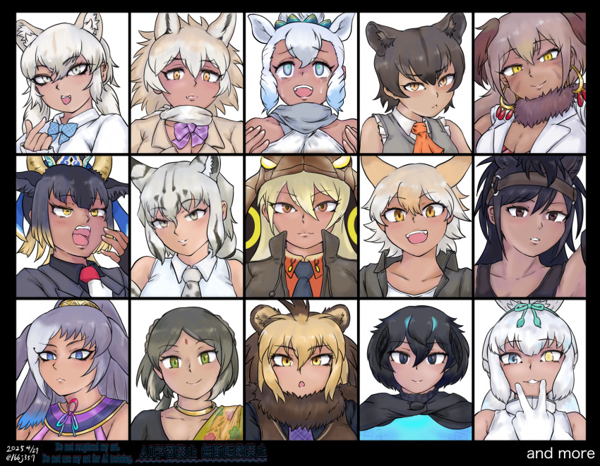6+girls :&lt; :o animal_ears arm_up ascot barbary_lion_(kemono_friends) bare_shoulders basilosaurus_isis_(kemono_friends) bindi black_border black_hair black_sports_bra blonde_hair blue_eyes blue_hair bobcat_(kemono_friends) border bow bowtie breasts bridle brown_eyes brown_hair brown_thoroughbred_(kemono_friends) cat_ears cleavage closed_mouth collared_jacket collared_shirt cow_ears cow_horns coyote_(kemono_friends) crying crying_with_eyes_open dark-skinned_female dark_skin dated drill_hair drill_sidelocks earrings elbow_gloves empty_eyes expressionless extra_ears facial_mark fang fangs finger_to_mouth fins fossa_(kemono_friends) fur_scarf gharial_(kemono_friends) gloves goshingyu-sama_(kemono_friends) green_eyes grey_hair hair_between_eyes hair_bun hairband hand_up head_fins head_tilt heterochromia high_collar highres hoop_earrings horizontal_pupils horns horse_ears jacket japan_racing_association jewelry kemono_friends kemono_friends_3 king_cobra_(kemono_friends) large_breasts light_blush lion_ears lips long_hair looking_at_viewer looking_up multicolored_eyes multicolored_hair multiple_girls neck_ring necktie north_island_giant_moa_(kemono_friends) open_mouth orange_ascot orange_eyes paraceratherium_(kemono_friends) parted_lips plaid_bow plaid_bowtie plaid_clothes rabbit_ears raised_inner_eyebrows rhinoceros_ears saja_(166j357) scarf shirt short_hair sidelocks simple_background single_hair_bun sleeveless sleeveless_shirt slit_pupils smile sports_bra straight-on superb_bird-of-paradise_(kemono_friends) sweater_vest tan tears transvaal_lion_(kemono_friends) tsukuyomi_shinshi_(kemono_friends) tundra_wolf_(kemono_friends) twintails two-tone_hair upper_body white_background white_eyes white_hair white_shirt wing_collar wolf_ears yawning yellow_eyes