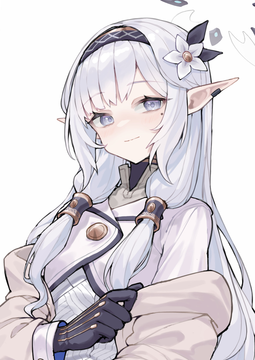 1girl absurdres black_gloves black_hairband blue_archive brown_jacket closed_mouth flower gloves grey_eyes grey_hair hair_flower hair_ornament hairband halo highres himari_(blue_archive) jacket long_hair long_sleeves looking_at_viewer mole mole_under_eye off_shoulder pointy_ears scarlet23i0 simple_background smile solo upper_body very_long_hair white_background white_flower white_jacket