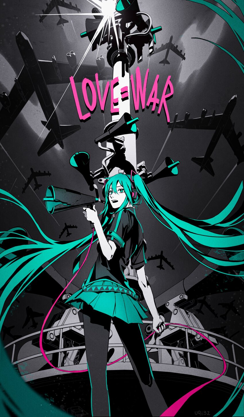 1girl absurdres aircraft airplane aqua_eyes aqua_hair armband arsenixc artist_collaboration black_shirt cable commentary english_commentary floating_hair from_behind from_below grey_hair hair_ornament hatsune_miku headphones headset heart heart_print highres holding holding_cable holding_megaphone jet koi_wa_sensou_(vocaloid) long_hair looking_back megaphone miniskirt open_mouth pantyhose pleated_skirt shirt skirt solo speaker spot_color twintails uqi32 very_long_hair vocaloid