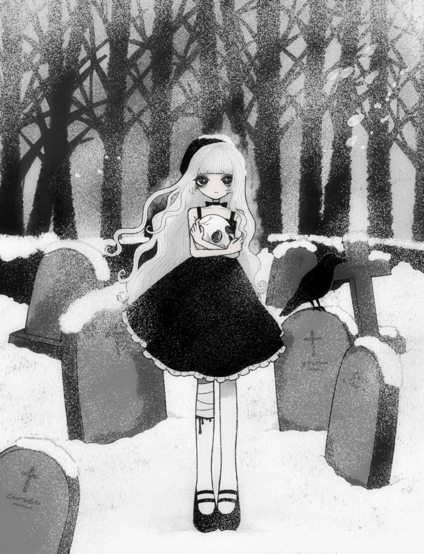1girl bandaged_leg bandages beret bird black_choker black_dress black_eyes black_footwear black_hat blood blunt_bangs bright_pupils choker closed_mouth crow dress expressionless fusigi_nano grave graveyard hat highres holding holding_skull injury long_hair looking_at_viewer monochrome original sidelocks skull snow snowing solo standing tombstone tree white_pupils winter