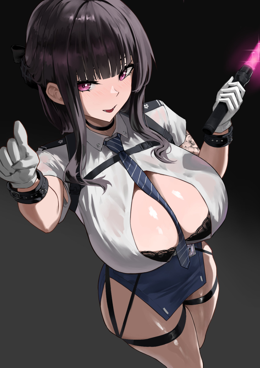1girl :d arm_tattoo black_bra black_hair blue_necktie blue_skirt blunt_bangs bra bra_peek breasts chest_harness cleavage collared_shirt commentary d_(killer_wife)_(nikke) d_(killer_wife)_(secret_police)_(nikke) d_(nikke) gloves goddess_of_victory:_nikke grey_background hands_up harness highres holding holding_lightstick id_card large_breasts long_hair looking_at_viewer necktie official_alternate_costume open_mouth partially_unbuttoned pink_eyes pointing pointing_at_viewer police police_uniform policewoman rawoon_d shirt short_sleeves side_slit sidelocks skindentation skirt smile solo standing tattoo thigh_strap underwear white_gloves white_shirt wristband
