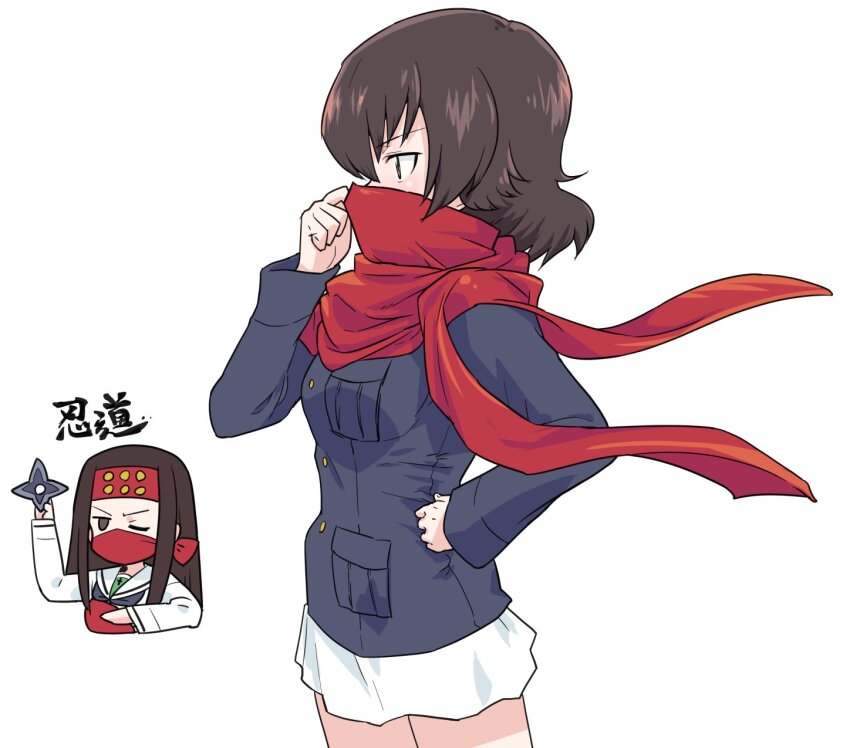 2girls black_hair blush breasts brown_eyes brown_hair caesar_(girls_und_panzer) girls_und_panzer hand_on_own_hip highres long_hair military_uniform monolith_(suibou_souko) multiple_girls one_eye_closed ooarai_military_uniform ooarai_school_uniform saemonza_(girls_und_panzer) scarf school_uniform short_hair shuriken simple_background skirt small_breasts weapon white_background white_skirt