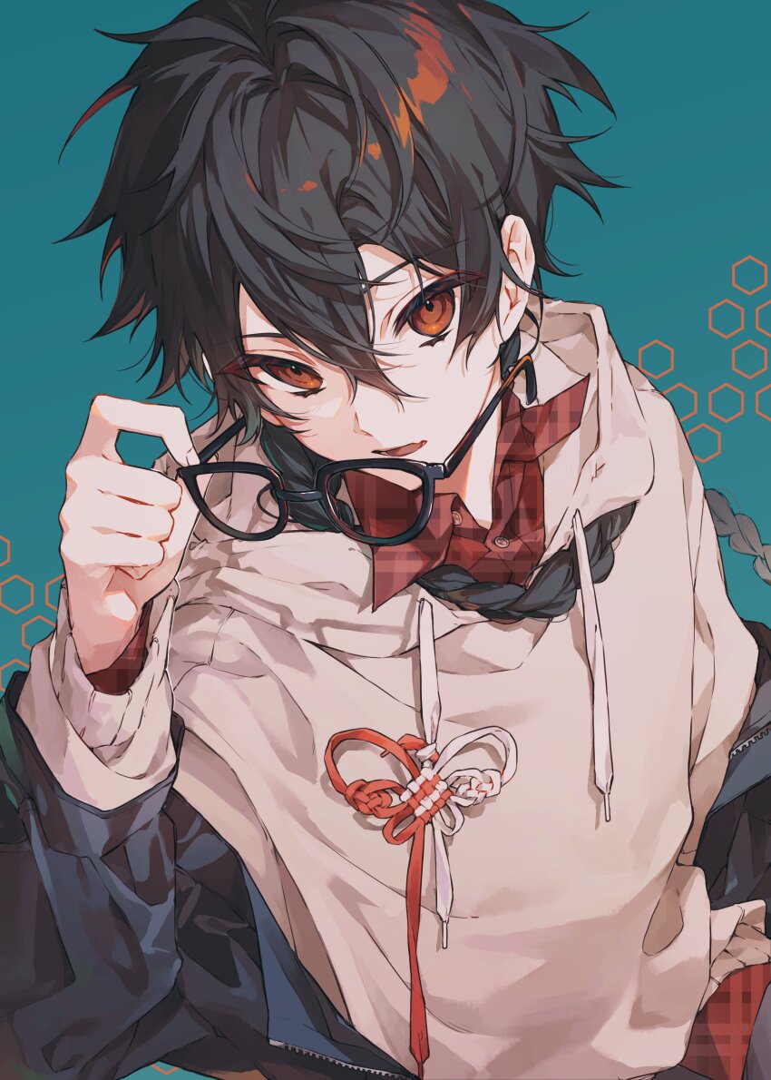 1boy absurdres aqua_background bishounen black_hair braid cheese_oho eyelashes from_above glasses hair_between_eyes hair_scarf hand_in_pocket highres holding holding_removed_eyewear hood hood_down hoodie jacket long_hair looking_at_viewer male_focus messy_hair off_shoulder open_clothes open_jacket open_mouth orange_eyes original plaid simple_background single_braid solo unworn_eyewear upper_body white_hoodie
