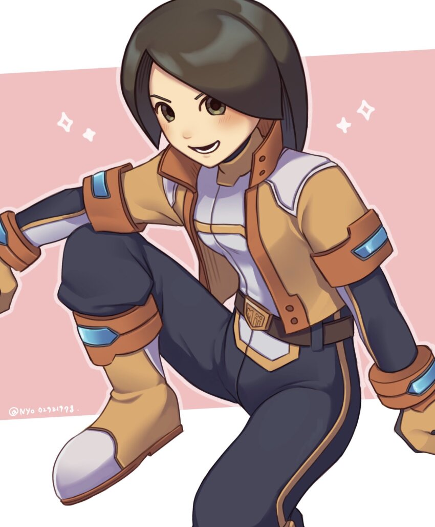 1girl belt blush boots breasts brown_eyes brown_hair gloves highres jacket knee_boots long_hair looking_at_viewer medium_breasts mii_(nintendo) mii_gunner_(smash_ultimate) nintendo nyo02921978 open_mouth orange_gloves short_hair sitting smile super_smash_bros. yellow_boots