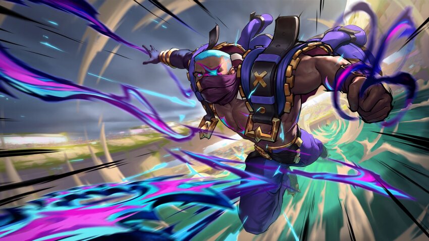 1boy belt black_belt black_gloves blue_hair collarbone dark-skinned_male dark_skin gloves glowing glowing_eyes highres jacket league_of_legends mask mouth_mask muscular muscular_male official_art pants purple_jacket purple_pants pyke_(league_of_legends) short_hair single_glove solo soul_fighter_pyke stadium very_short_hair