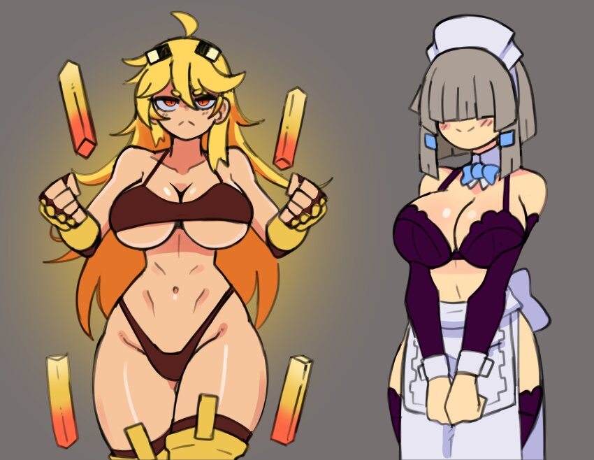 2girls :&lt; absurdres ahoge apron arm_guards bare_shoulders black_bra black_thighhighs blaze_(minecraft) blaze_rod blonde_hair blue_bow blue_bowtie blush boots bow bowtie bra breasts brown_bra brown_panties brown_thighhighs cleavage clenched_hands closed_eyes collarbone cowboy_shot detached_collar detached_sleeves doce female_focus fingerless_gloves frown gloves grey_background grey_hair hair_between_eyes hair_over_eyes half-closed_eyes halterneck highres large_breasts long_hair looking_at_viewer maid maid_headdress minecraft multiple_girls navel orange_eyes panties personification short_hair simple_background smile thigh_boots thighhighs thighhighs_under_boots thighs underboob underwear wrist_cuffs yellow_footwear