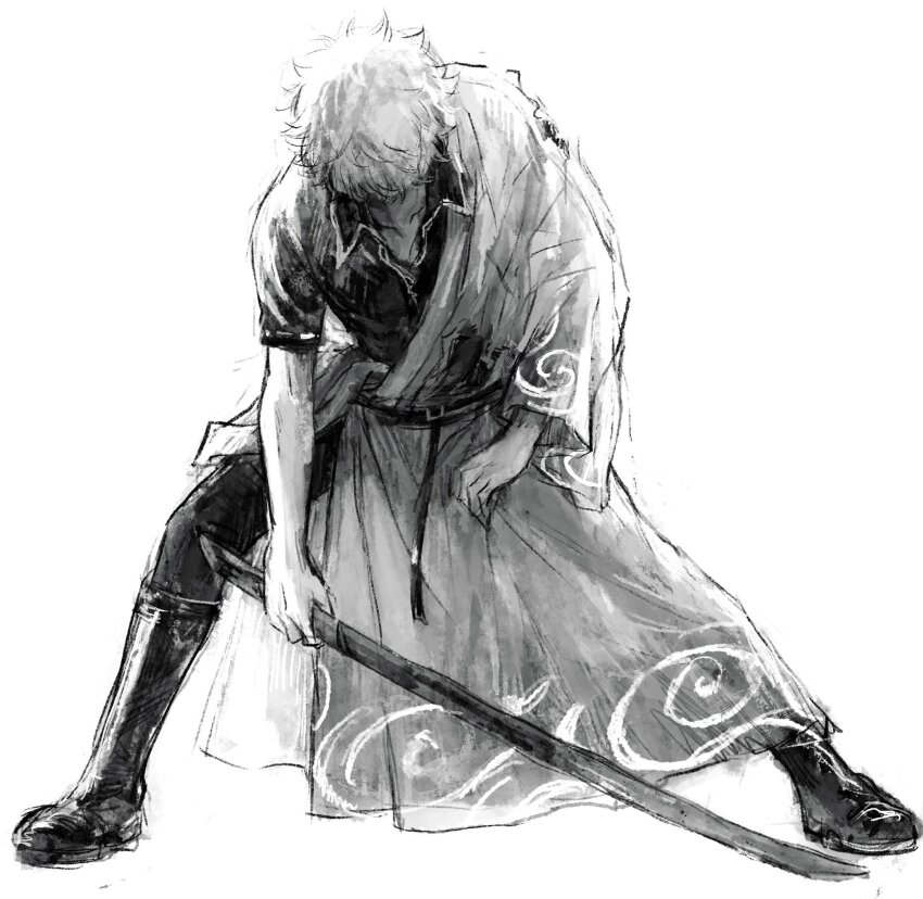 1boy bokken boots collared_shirt full_body gintama greyscale hadanugi_dousa head_down highres holding holding_sword holding_weapon japanese_clothes kimono long_sleeves lushu_kuye male_focus messy_hair monochrome open_clothes open_kimono pants sakata_gintoki shirt short_sleeves solo sword weapon white_background wide_sleeves wooden_sword