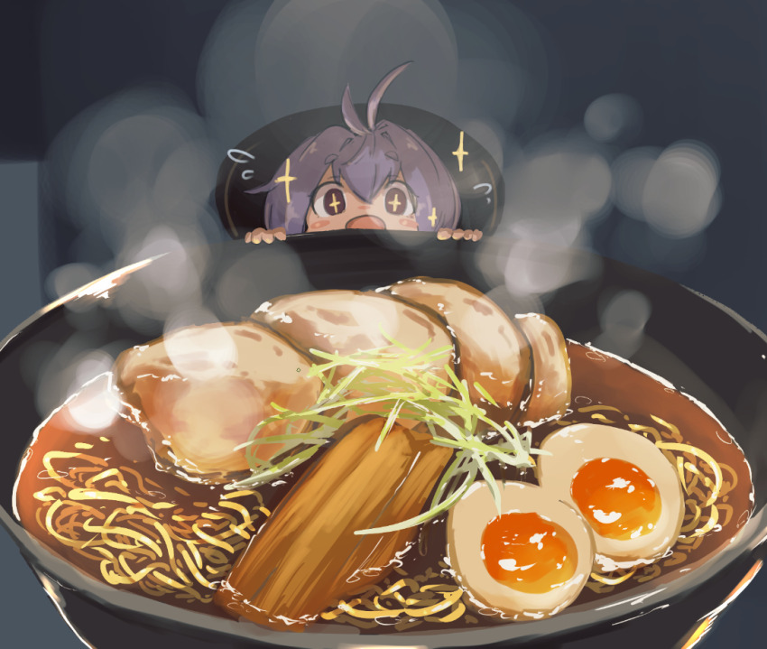 +_+ 1girl ahoge bowl commentary_request egg egg_(food) flying_sweatdrops food fried_egg hat looking_at_viewer mini_person minigirl noodles open_mouth partial_commentary purple_hair ramen short_eyebrows short_hair solo soup sparkle sukuna_shinmyoumaru touhou uisu_(noguchipint)